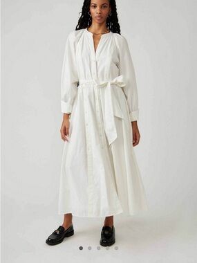 Free People Charlie Maxi Dress - Ivory Button-Front Tie-Waist Midi Dress